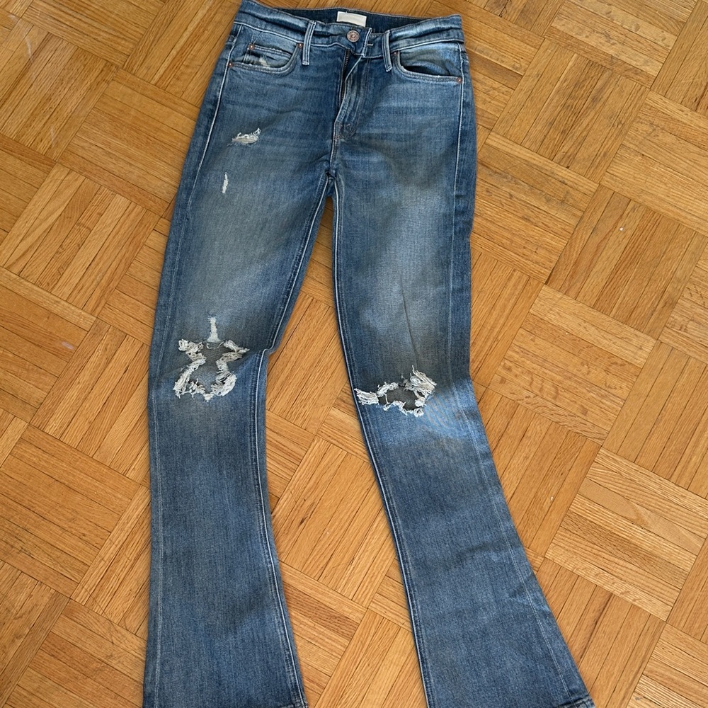 MOTHER Blue Distressed Boot Cut Jeans